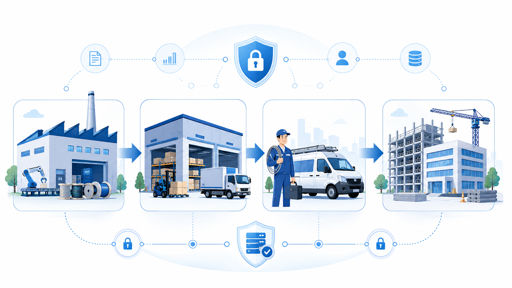 メーカーから施工現場までのサプライチェーンと情報セキュリティのイメージ図